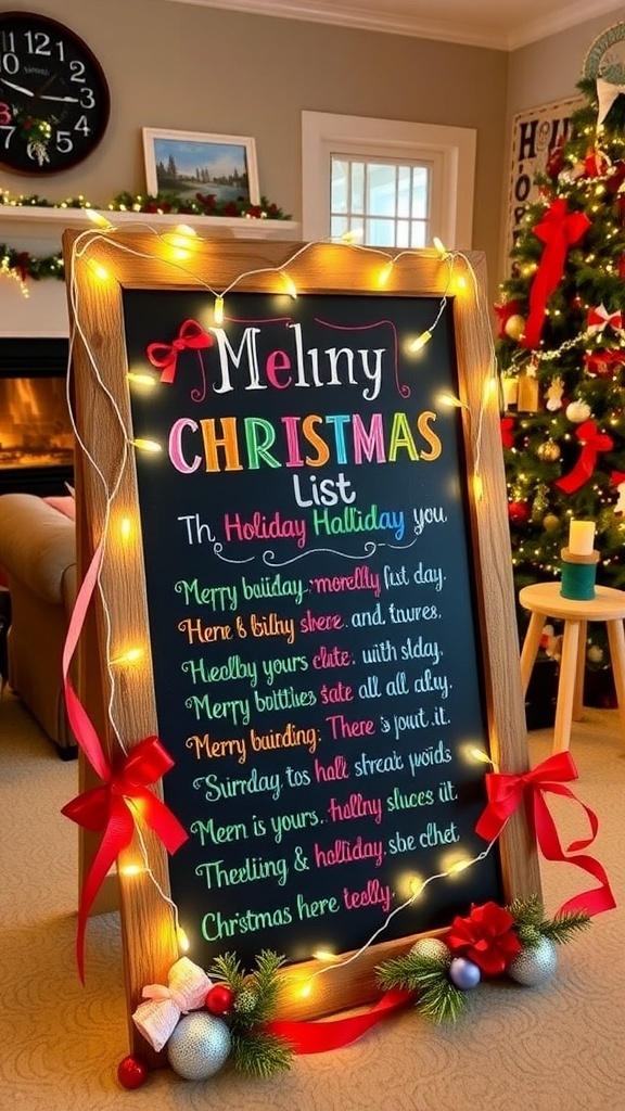 A festive Christmas list display with a chalkboard, string lights, and holiday decorations in a cozy living room.